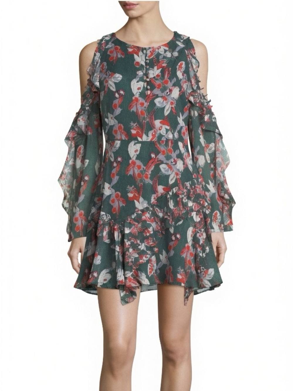 Tanya Taylor Laine Silk Green Red Floral Cold Shoulder Flutter Mini Dress 4